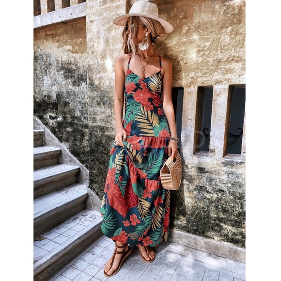 Tropical Maxi Dress Flared Open Back Criss Cross Ties Straps Red on Black - Picture 2 of 7